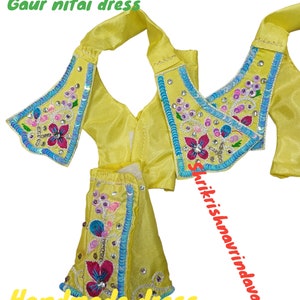 Beautiful hand made gaura nitai dress,dhoti, Kurta and shawl set Dhoti set, Dress Size- 3"inch for 6"inches idol Gaura nitai outfit handmade