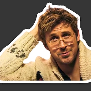 May include: A sticker featuring a person wearing gold-rimmed glasses and a cream-colored cable-knit sweater with dark brown accents. The person is smiling and has their hand on their head.