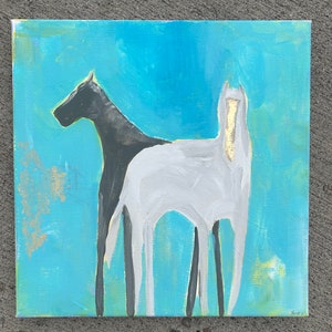 Horses Abstract Art Original Acrylic Custom Painting Fast Shipping Blue Gold Cute Wedding Gift. Gift for horse lover. Unique one of a kind