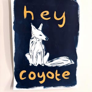 Hey Coyote Acrilico originale su carta per artisti pesante Blu navy, eclettico, unico nel suo genere, regalo di arte murale originale 11x14 Spedizione gratuita