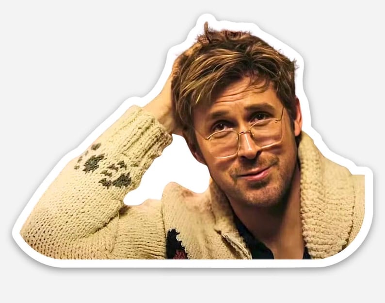 May include: A sticker featuring a person wearing glasses and a cream-colored sweater with a shawl collar. The sweater has a patterned design on the sleeve. The person is smiling and has their hand on their head.