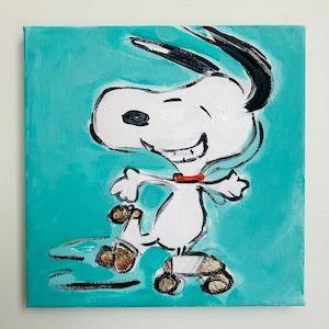 teal snoopy gold skates 8x8inch acrylic on canvas peanuts original painting for peanuts and snoopy collector happy snoopy zooming kids room