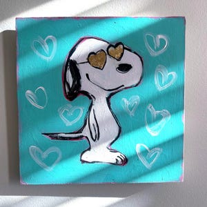 Snoopy Joe Cool Valentine Pop Art Gold Heat Shades Acrylic Painting on wood board frame Teal Simple Vday Gift Free Shipping