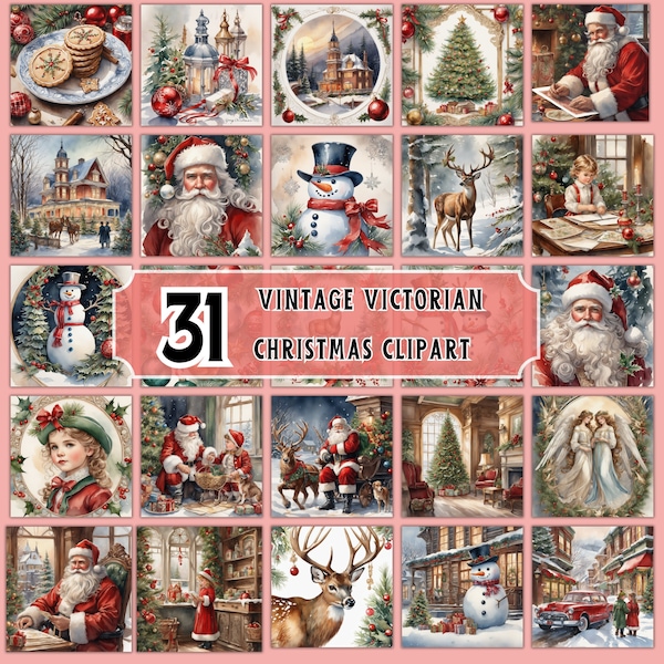 Vintage Noël victorien Clipart numérique papier PNG, décoration de Noël vintage, lot de 63 vacances, papier de scrapbooking imprimable, père Noël, cerf