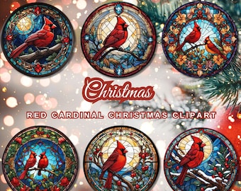 Christmas Cardinal Birds Stained Glass PNG Printable Ornament, Digital Download, Christmas Gift,Tumbler Wrap, Red Cardinal, Clipart Bundle