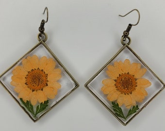 Dangle Drop Earrings, Orange Flower Earrings, Dried Flower Earrings, Pressed Flower Earrings, Perfect Gift, Handmade Earrings