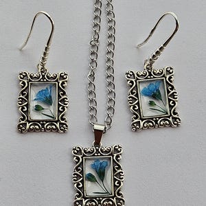 Handmade resin jewellery set, original silver frames earrings, clear earrings,real dry blue flowers earrings, summer accessories for ladies