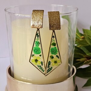 Handmade earrings,  beautiful colours,  resin,  green flowers,  gold frames