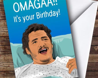 Puede incluir: Una tarjeta de cumpleaños con una ilustración de dibujos animados de un hombre en una cama de hospital con el texto "OMAGAA!! It's your Birthday!"