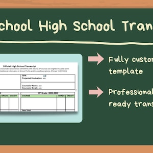 May include: A Homeschool High School Transcript template on a green chalkboard. The text reads "Homeschool High School Transcript". The template is fully customisable and college-ready.
