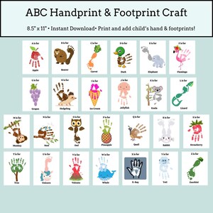 Manualidades del alfabeto para jardín de infantes: arte de huellas de manos y pies para practicar y reconocer letras, lección de educación en casa.
