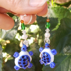 Lampwork Turtle Earrings: Pearl & Crystal Sterling Silver Dangles