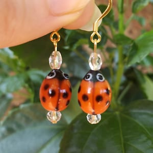 Handmade Lampwork Ladybug Earrings: Czech Glass, 18K Gold Plated