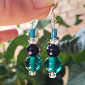 Blue Glass Beaded Drop Earrings: Handmade Silver Plated Jewelry