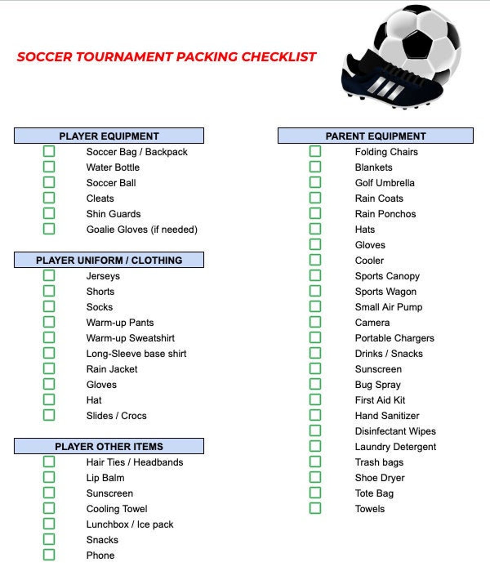 Soccer Tournament Packing Checklist Printable Etsy