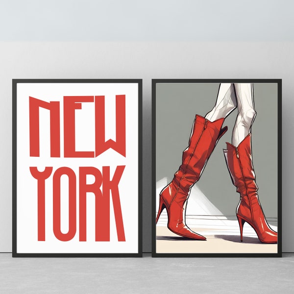 New York posters set of 2 - New York Art Print - Red Boots Wall Art - red college dorm decor printable instand download - red shoes wall art