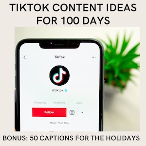May include: A screenshot of the TikTok app on a smartphone. The screen shows the TikTok logo, the username "@tiktok", and a red button that says "Follow". The text "Make Your Day" is below the button. The background is blurred and shows a green plant.