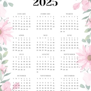 2025 Calendar, 2025 Printable Minimalist Calendar, Pink Flower Calendar ...