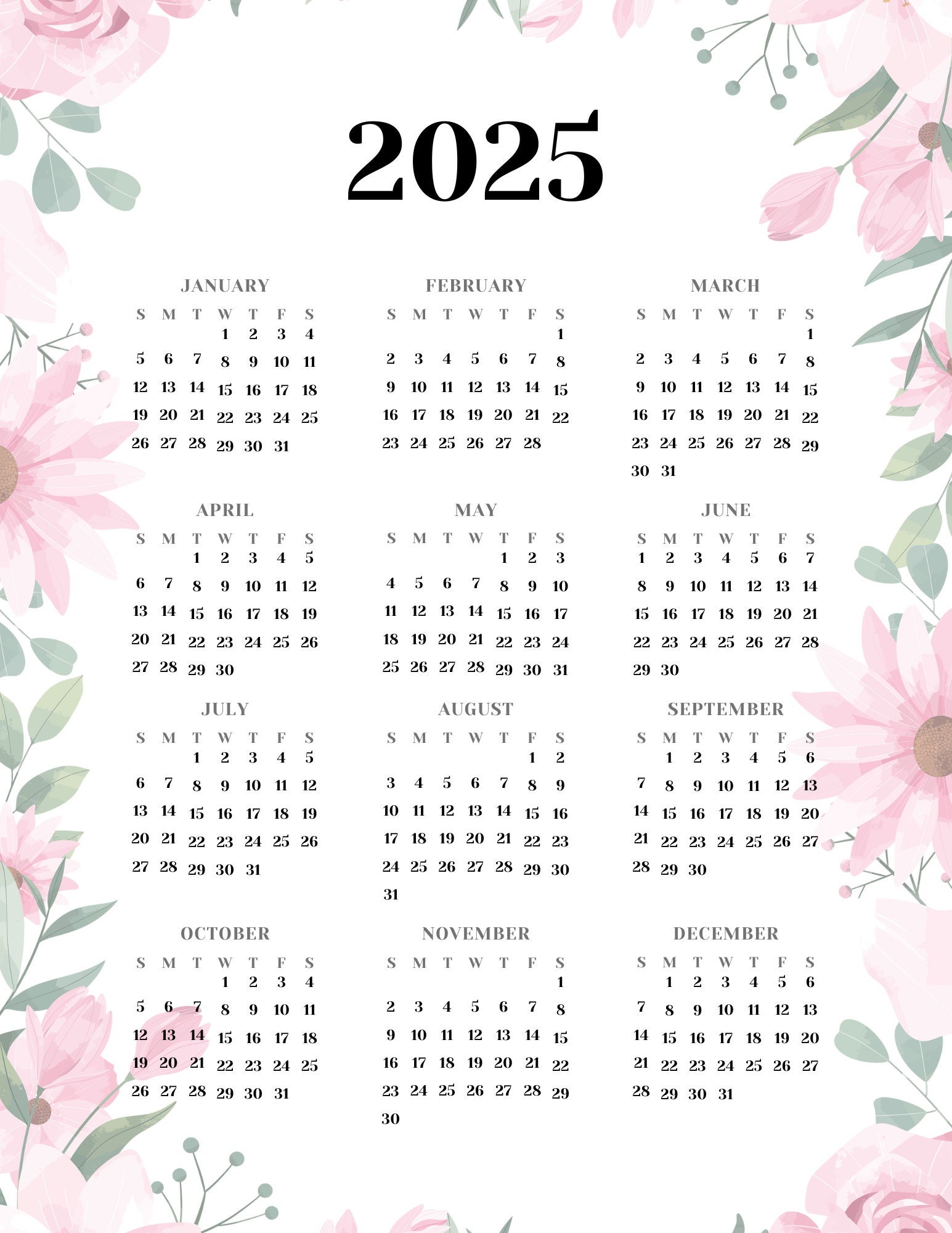 2025 Calendar, 2025 Printable Minimalist Calendar, Pink Flower Calendar