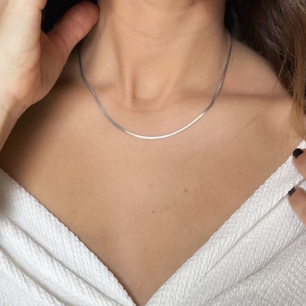 Thin Stainless Steel Silver Herringbone Chain Necklace