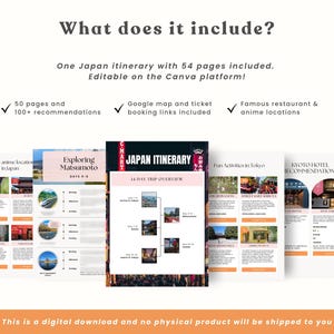 K&ouml;nnte beinhalten: Ein digitaler Download mit einer Japan-Reiseplanung mit 54 Seiten, bearbeitbar auf Canva. Enth&auml;lt 50 Seiten mit &uuml;ber 100 Empfehlungen, Google Maps-Links und Restaurant-/Anime-Standorten. Die Reiseroute ist ein 14-Tage-&Uuml;berblick.