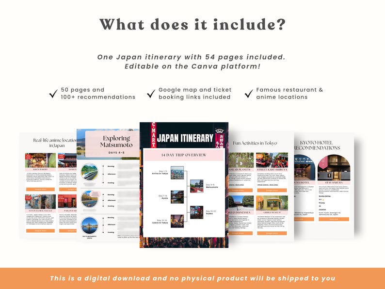 K&ouml;nnte beinhalten: Ein digitaler Download mit einer Japan-Reiseplanung mit 54 Seiten, bearbeitbar auf Canva. Enth&auml;lt 50 Seiten mit &uuml;ber 100 Empfehlungen, Google Maps-Links und Restaurant-/Anime-Standorten. Die Reiseroute ist ein 14-Tage-&Uuml;berblick.