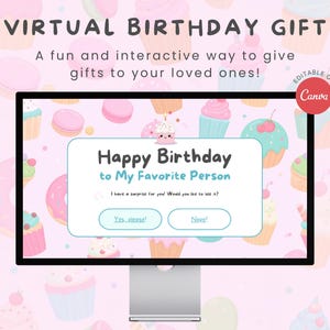 Puede incluir: Un concepto de regalo de cumpleaños digital que se muestra en una pantalla de ordenador. La pantalla muestra un mensaje de cumpleaños con botones interactivos sobre un fondo pastel con cupcakes y donuts. El texto dice "Virtual Birthday Gift".