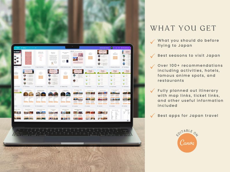 K&ouml;nnte beinhalten: Ein Laptop mit einem Reisef&uuml;hrer f&uuml;r Japan. Der Reisef&uuml;hrer enth&auml;lt Empfehlungen f&uuml;r Aktivit&auml;ten, Hotels und Anime-Orte. Der Text "WHAT YOU GET" ist sichtbar, zusammen mit dem Canva-Logo.