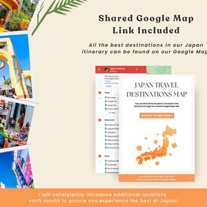 K&ouml;nnte beinhalten: Ein Reisef&uuml;hrer f&uuml;r Japan mit einem geteilten Google Maps-Link. Der Reisef&uuml;hrer enth&auml;lt eine Karte von Japan mit hervorgehobenen Zielen und dem Text "JAPAN TRAVEL DESTINATIONS MAP". Das Bild enth&auml;lt auch Fotos von japanischen Sehensw&uuml;rdigkeiten.