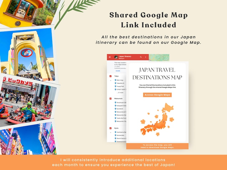 K&ouml;nnte beinhalten: Ein Reisef&uuml;hrer f&uuml;r Japan mit einem geteilten Google Maps-Link. Der Reisef&uuml;hrer enth&auml;lt eine Karte von Japan mit hervorgehobenen Zielen und dem Text "JAPAN TRAVEL DESTINATIONS MAP". Das Bild enth&auml;lt auch Fotos von japanischen Sehensw&uuml;rdigkeiten.