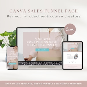 Pode incluir: Um modelo de página de funil de vendas Canva para treinadores e criadores de cursos. O modelo apresenta um fundo rosa com o texto "Lance seu negócio de coaching para gerentes de mídia social" e um botão de chamada para ação que diz "Obter acesso agora".