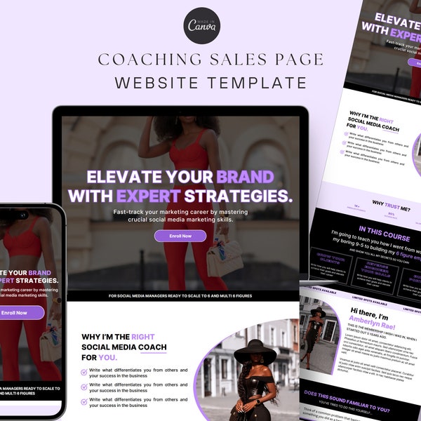 Página de ventas Sitio web de embudo de ventas de coaching Plantilla Canva Página de venta de cursos editable Una página de inicio para creadores y entrenadores de cursos