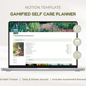 Pode incluir: Um laptop exibe um modelo Notion para um planejador de autocuidado gamificado. A tela mostra um rastreador de hábitos, um diário e um sistema de recompensas automatizado. O texto "NOTION TEMPLATE" e "GAMIFIED SELF CARE PLANNER" são visíveis.