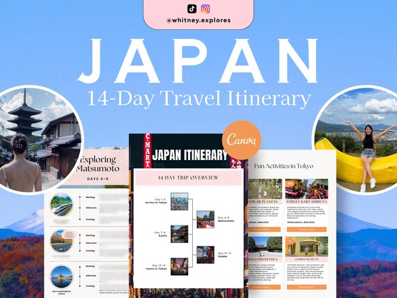Japan Itinerary: Japan Travel Guide, Vacation Planner, Canva Template