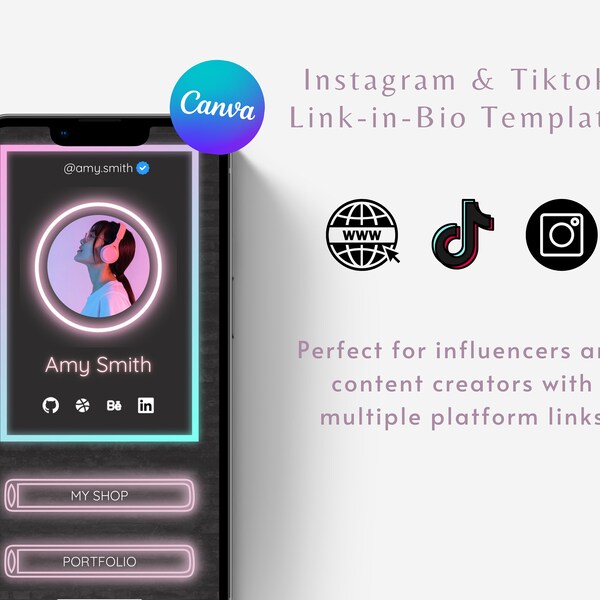 Pink Neon Bio Link Canva Editable Template Bold Social Media Link in Bio for IG and Tiktok Influencers Platform Links Retro Landing Page