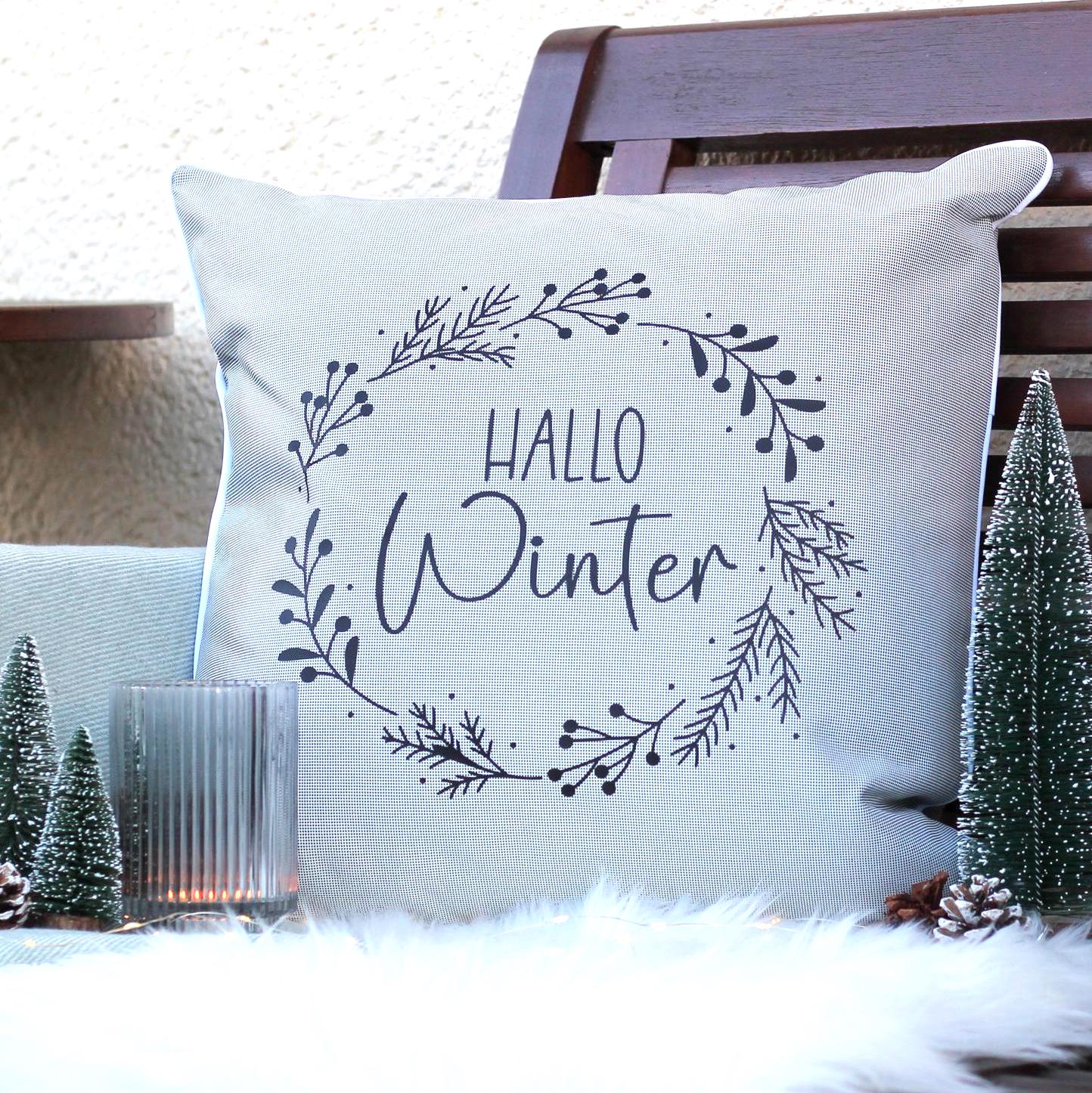 Outdoor Kissen wetterfest: Hallo Winter | 45x45 cm mit Füllung | Geschenkideen Weihnachten | Winterdeko & Weihnachtsdeko außen | Dekokissen