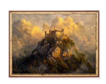 Arte de parede de castelo medieval – Estilo de pintura a óleo romântica para impressão, Paisagem gótica atmosférica, Download digital de arte de castelo para decoração de casa