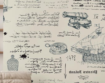 Old Pirate Map Ship Sketch Wall Mural -  Vintage Maritime Peel and Stick Nautical Wallpaper AM166