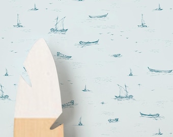 Nautical Boats Wallpaper - Light Blue Sketch Peel and Stick Nursery Coastal Wall Mural A079