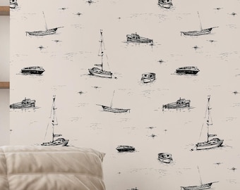 Beige Boat Sketch Wallpaper - Nautical Nursery Sailboat Coastal Peel and Stick Wall Mural A080