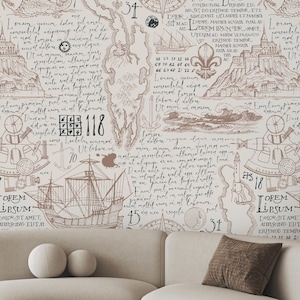 Vintage Nautical Pirate Map Wallpaper - Beige Coastal Peel and Stick Marine Wall Mural A093