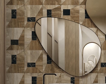 Wood Texture Squares Wallpaper - Japandi Marble Mosaic Peel and Stick  Geometric Wall Mural A012