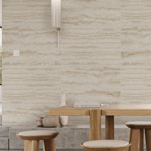 Travertine Stone Japandi Wall Mural - Beige Modern Peel and Stick Wallpaper AM099