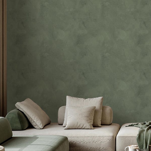 Green Limewash Plaster Wallpaper - Sage Olive Concrete Textured Wall Mural - Stucco Look A035