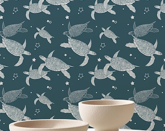 Blue Sea Turtle Wallpaper - Ocean Marine Peel and Stick Nautical Coastal Wall Mural A119