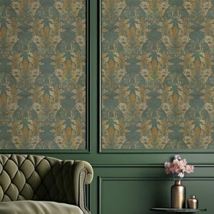 May include: A luxurious interior scene featuring a tufted olive green armchair, a small side table with a vase of flowers, and a wall with ornate wallpaper in shades of teal and gold. The walls are painted a deep green.
