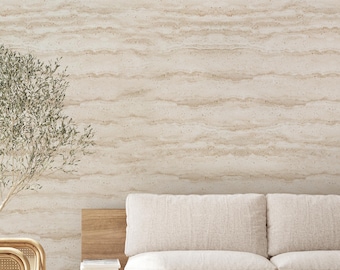 Carta da parati Japandi effetto travertino beige – Murale scandinavo minimalista a righe con effetto pietra testurizzata A013