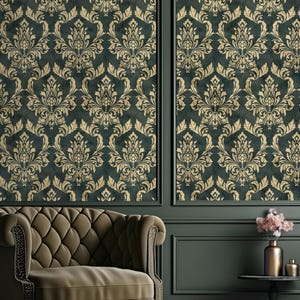 Emerald Gold Green Damask Wallpaper - Vintage Baroque Ornament Royal Victorian Wall Mural A029
