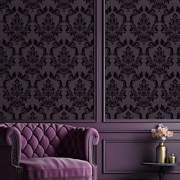 Dark Purple Damask Wallpaper - Antique Baroque Ornament Royal Victorian Velvet Wall Mural A027