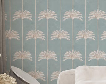 Teal Palm Trees Wallpaper - Tropical Botanical Peel and Stick Coastal Bedroom Wall Mural A126
